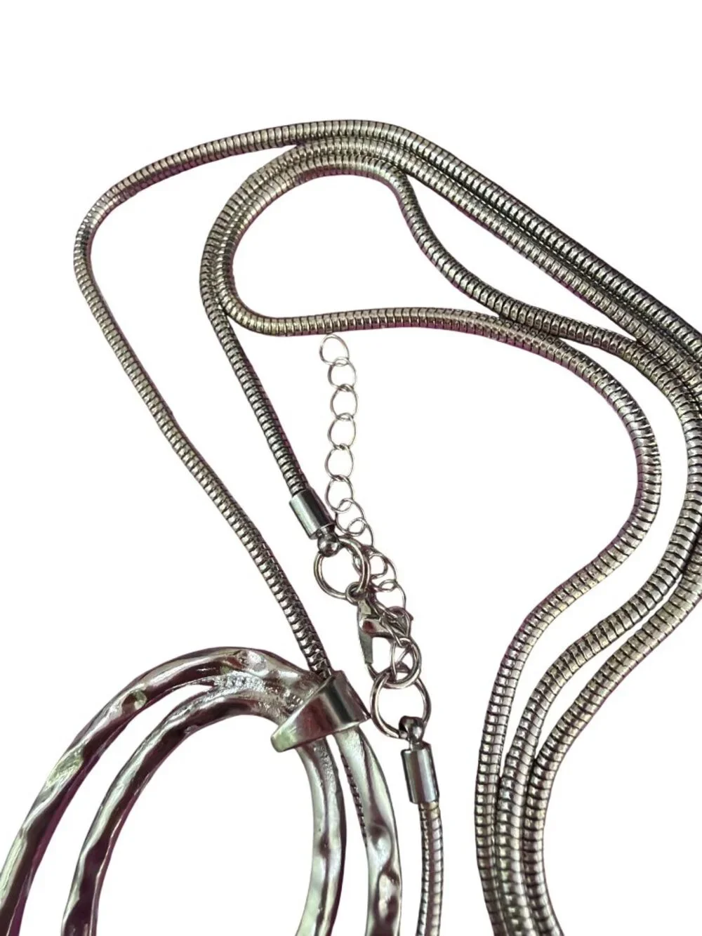Silver Tone Long Snake Chain Necklace Double Hammered Open Oval Pendant Adj 36